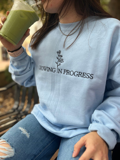 Growing in Progress Embroidered Icy Blue Crewneck