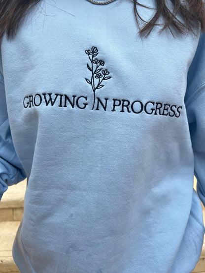 Growing in Progress Embroidered Icy Blue Crewneck