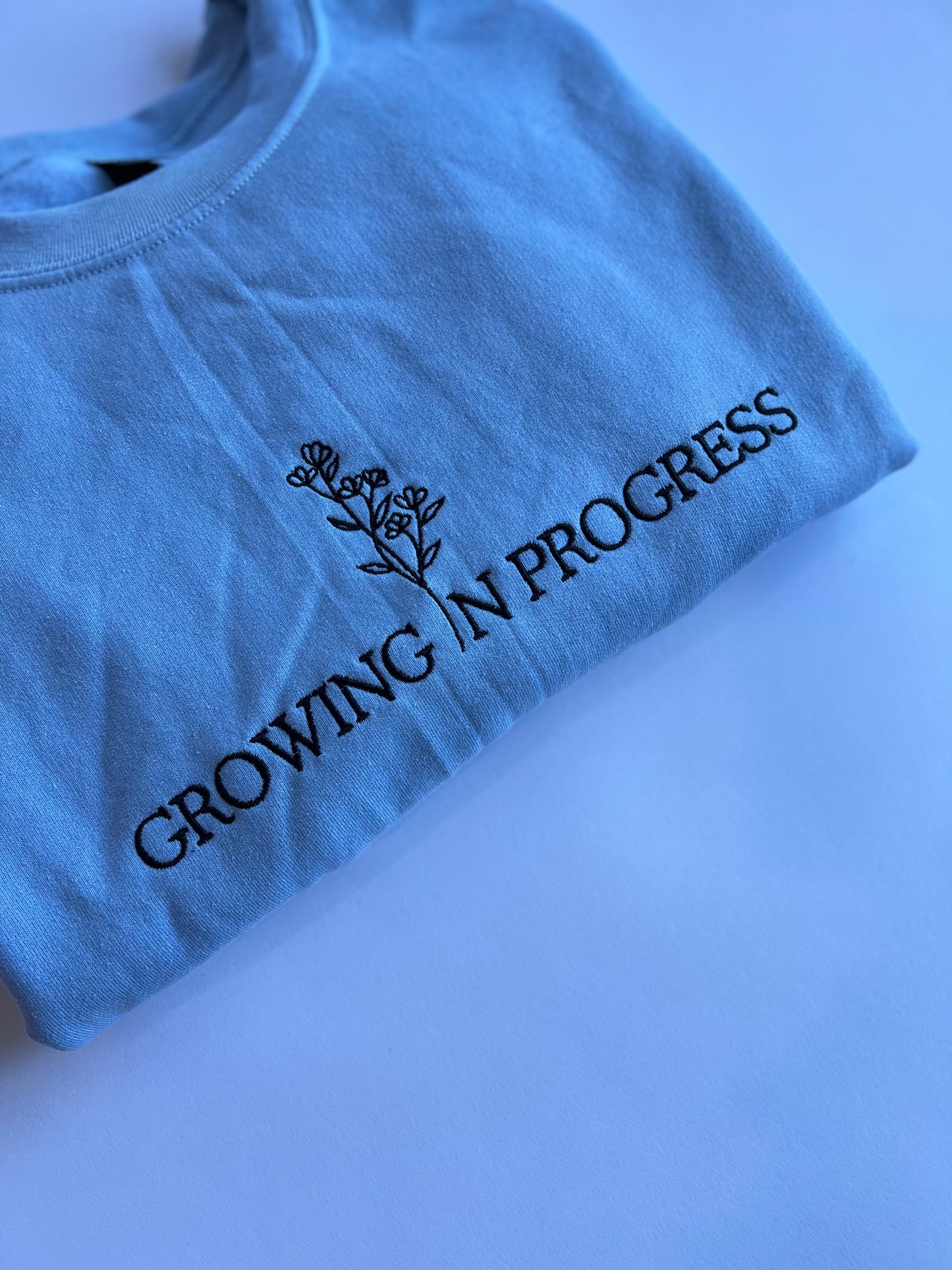 Growing in Progress Embroidered Icy Blue Crewneck