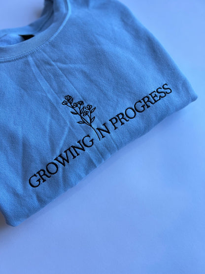 Growing in Progress Embroidered Icy Blue Crewneck