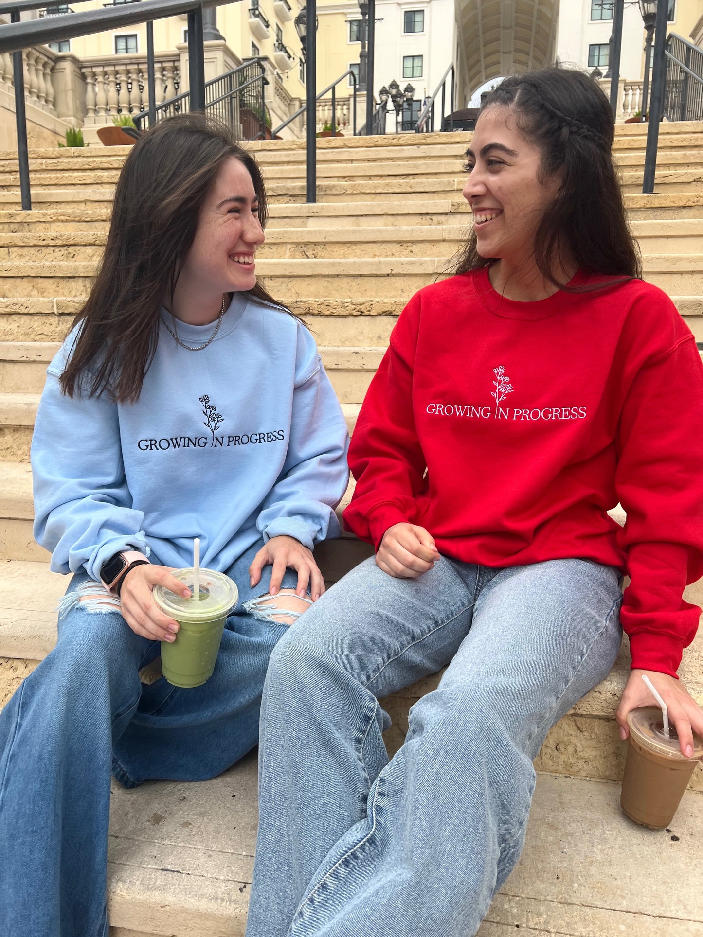 Growing in Progress Embroidered Icy Blue Crewneck