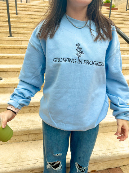 Growing in Progress Embroidered Icy Blue Crewneck