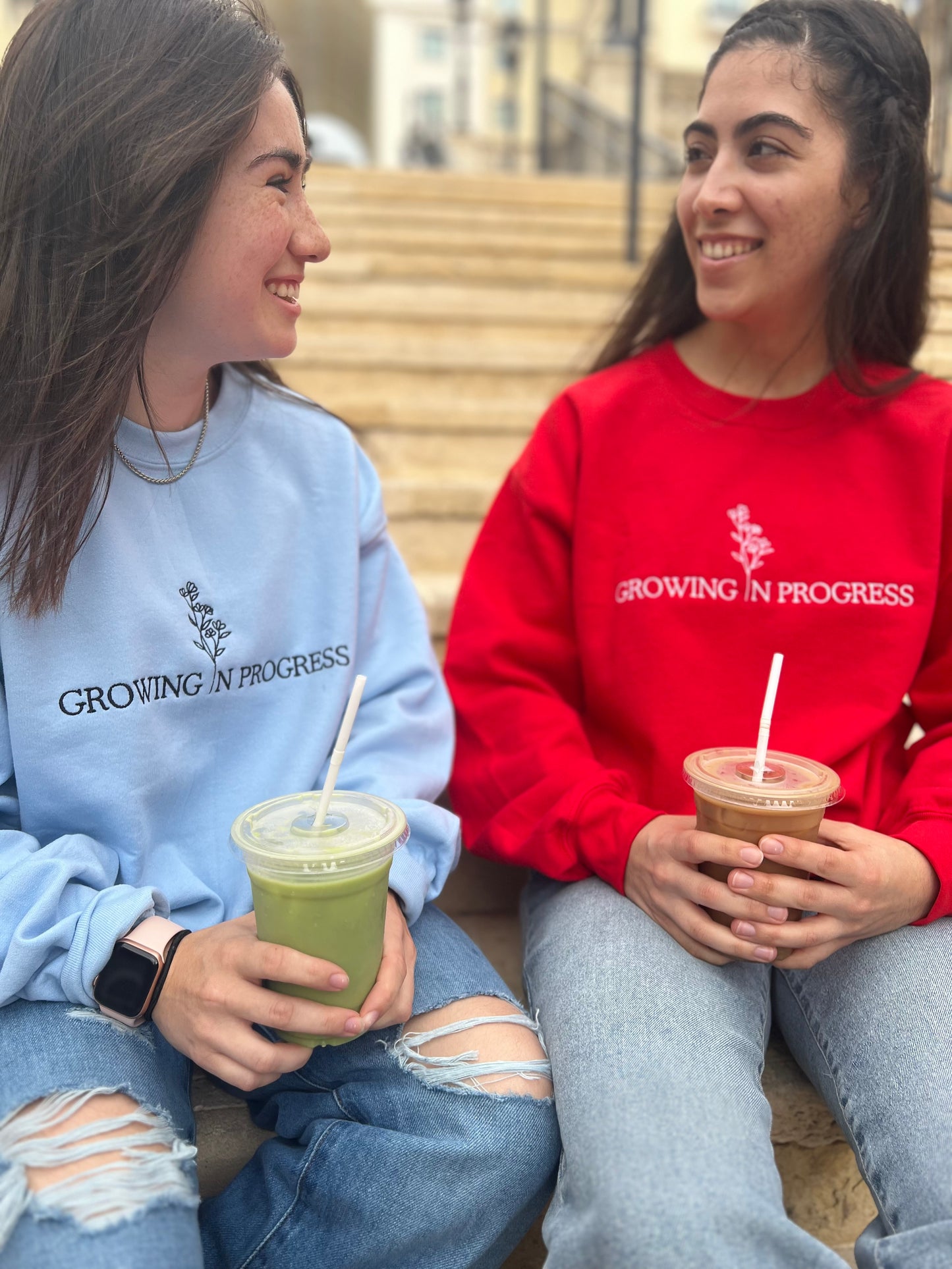 Growing in Progress Embroidered Red Crewneck