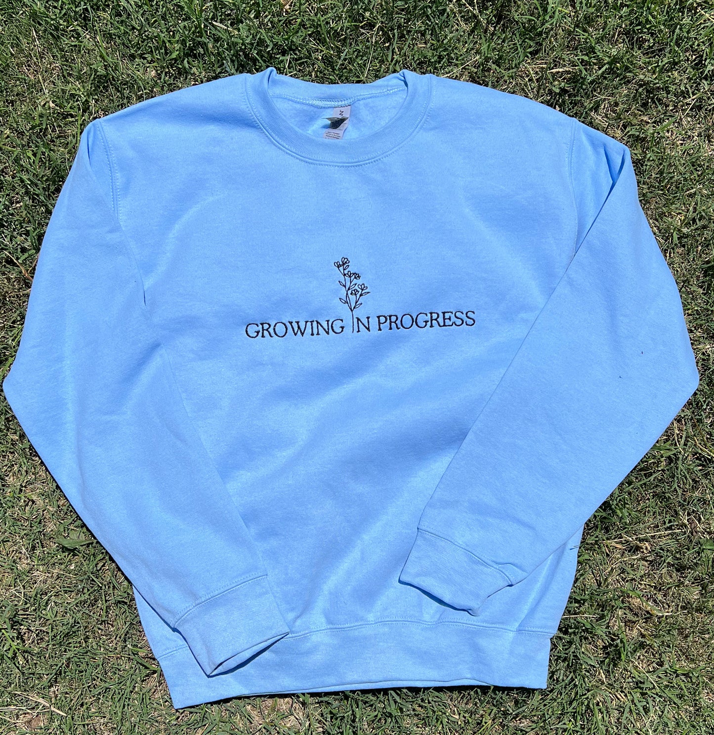 Growing in Progress Light Blue Embroidered Crewneck